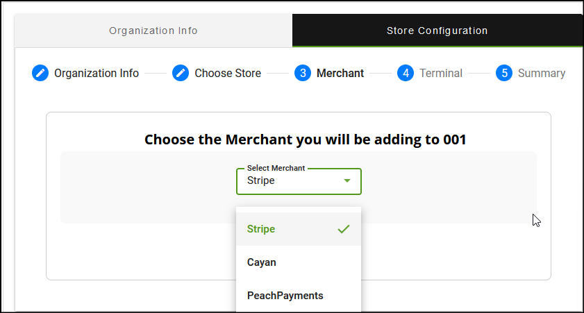 Image shows the dropdown options for the Merchant screen.