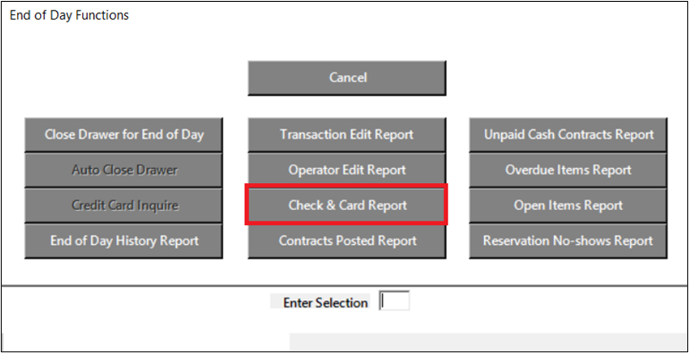 The image above was taken from Expert (Program Menu > End of Day Processing)