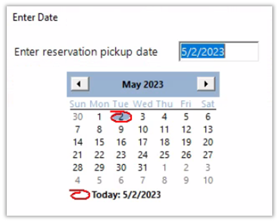 Reservation pickup date and time selection window.
