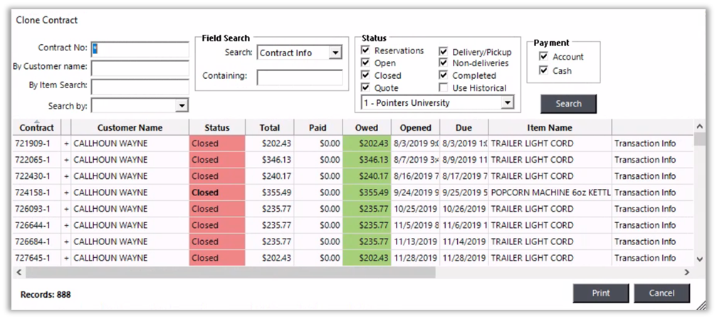 Contract search screen with contract number field where SSC or SSO can be entered.