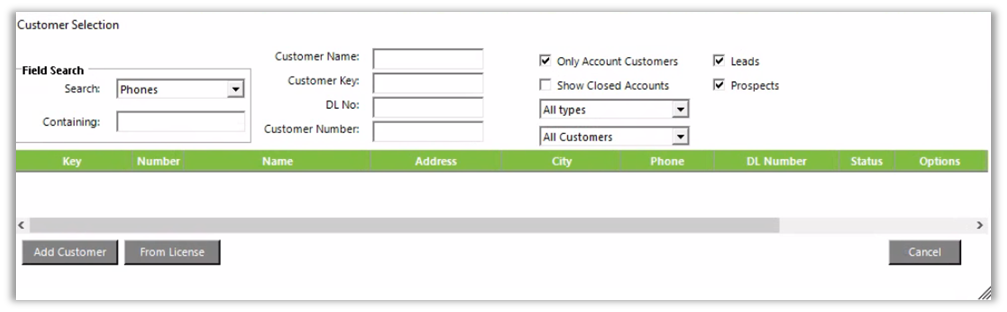 Customer Selection screen showing a list of customers and a search box.