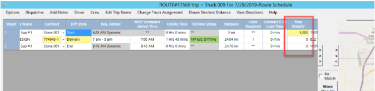 Visual of Route View with color-coded weight and size alerts.