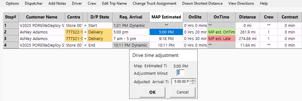 UI showing manual drive time entry and visual formatting changes for affected stops.