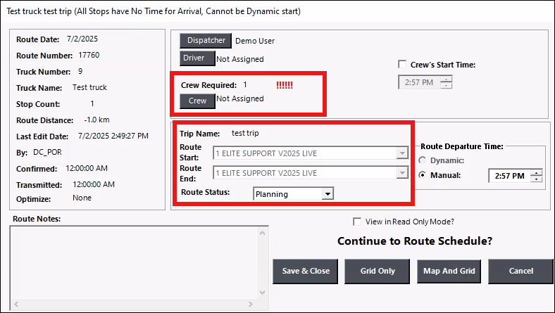 Route View configuration screen showing crew assignment and departure time options.