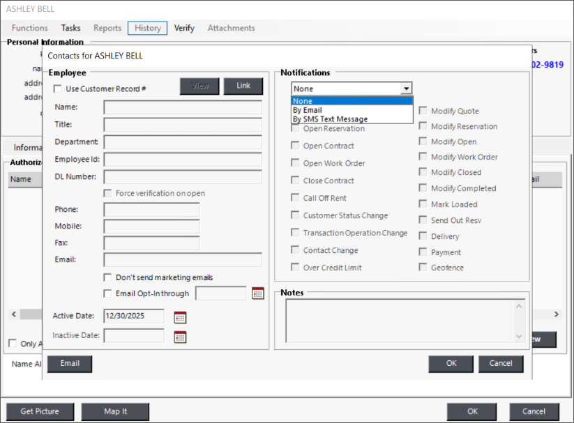 Image of the a Customer Contact Record from Elite version 2026.01