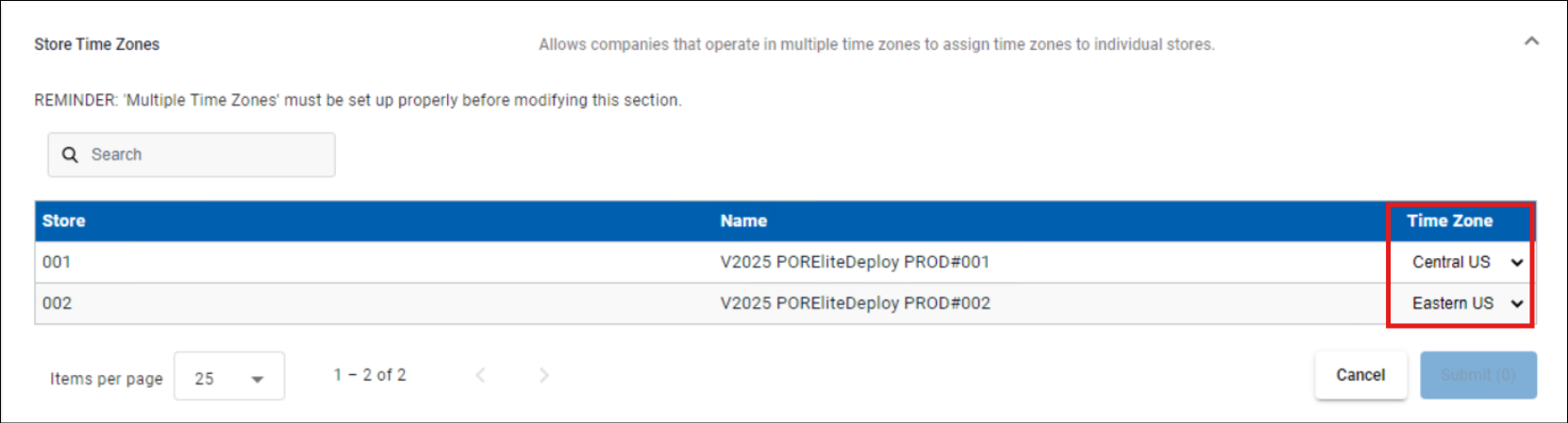 Store list with individual time zone dropdowns populated per location