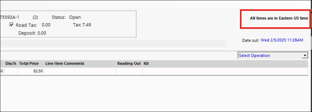 Contract header area with time zone label/value highlighted in the top-right