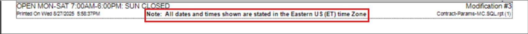 Contract PDF footer area with time zone value visible
